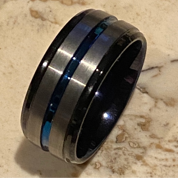 Tungsten Carbide Gunmetal Band Ring NEW! 10.5 Statement Minimalist Blue wedding - Picture 2 of 8
